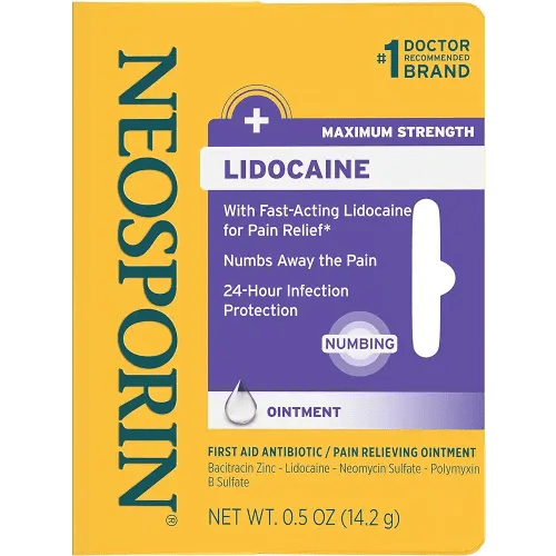 Neosporin + Lidocaine First Aid Antibiotic Ointment, Maximum Strength & Fast-Acting Topical Pain Reliever, 24-Hour Infection Protection That Numbs Away The Pain, Bacitracin Zinc, 0.5 oz