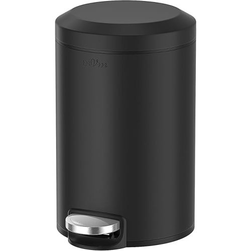 mVm Bathroom Trash Can,3.2 Gallon/12 Lliter Step Round Trash Can with Lid and Foot Pedal,Anti-Fingerprint,Soft-Close.Stainless Steel Garbage Can for Bedroom,Bathroom,Office,Living Room (Matte Black)