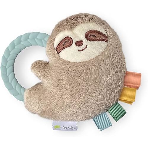 Itzy Ritzy - Ritzy Rattle Pal with Teether - Baby Teething Toy Features A Minky Plush Character, Gentle Rattle Sound & Soft Teether Toy for Newborn (Sloth)