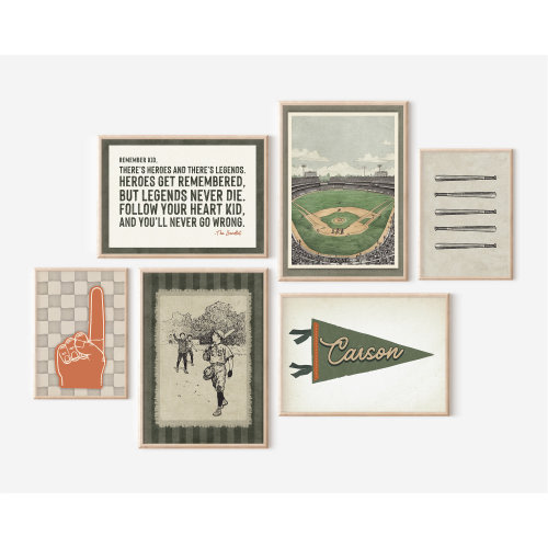 Baseball Art Boys Room Set of 6 Gallery Wall Baseball Quote Wall Art Custom Name Pennant Flag Printable Sports Nursery Boho Boys Room Decor