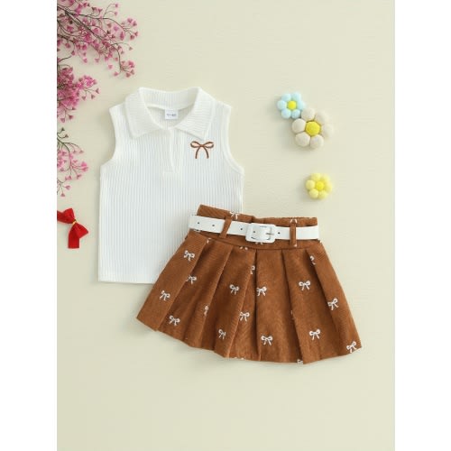2-3 2pcs MONYPLAY Preppy Summer Outfits for Toddler Girls - Sleeveless Bow Tank Top + Pleated Skirt Set, Cute Bowknot Design, Perfect for Playtime, Playwear Clothing | Toddler Fashion | Summer Clothing, Cute Outfit, for Outdoor
