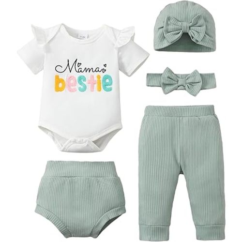 SUNNY PIGGY Baby Girl Clothes Infant Newborn Girls Outfits Romper with Headband Hat Pants Shorts Set 5Pcs