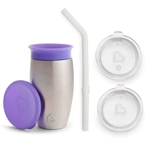Munchkin Miracle Stainless Steel 360 Sippy Cup, Purple, 10 Ounce and 3pc Sipper and Straw Lid