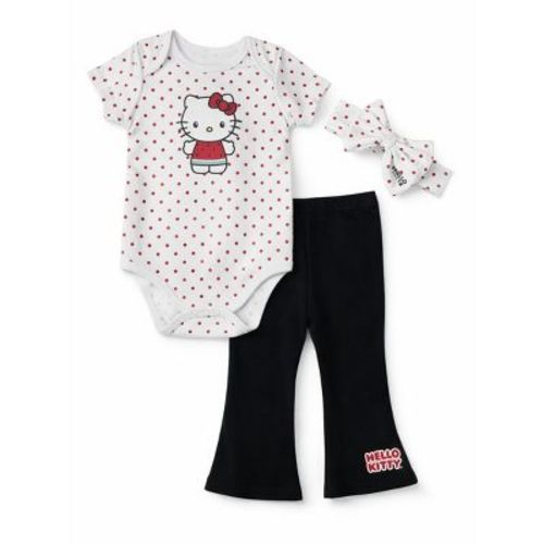 Hello Kitty Infant Girls' 3-Piece Bodysuit, Leggings and Headband Set, White/Dots, 12 Months
