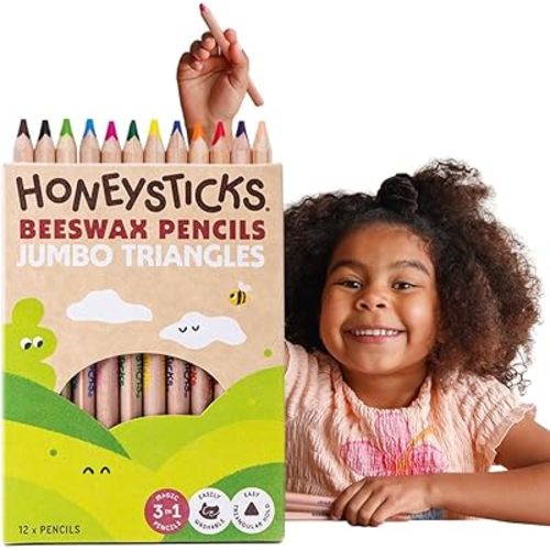 Honeysticks Jumbo Triangle Colored Pencils (12 Pack) - Preschool Pencil with Non-Toxic Beeswax Core, Large Triangular Shape, Easy Grasp, Bright Colors, Toddler Coloring and Drawing, Kids 1-3, 2-4, 3-5