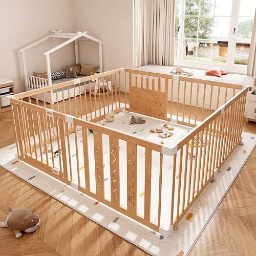Wooden Baby Playpen,8 Panel Play Yard with Child-Proof Lock 64"x64"