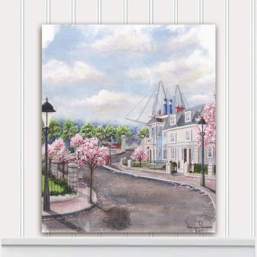 Mary Poppins' Seventeen Cherry Tree Lane Watercolor Painting: Matte Wrapped Stretched Canvas