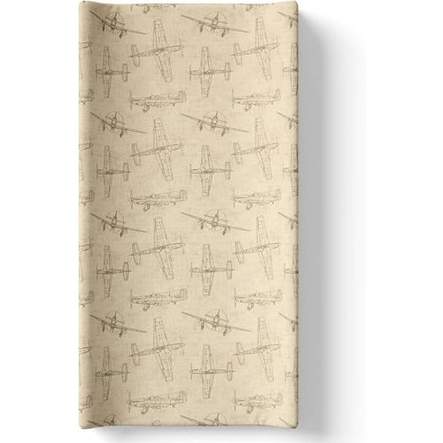 Airplane Diaper Changing Pad Cover, Tan Brown Flying Aviation Baby Boy Nursery, Soft Cotton Infant Changing Pad Cover, Fits Standard Changing Pads, Vintage Airplane Design