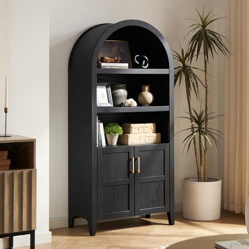 mopio Lauren 65.4" Short Arched Cabinet, 5-Tier Arched Bookcase with Doors and Shelves, Mini Arch Bookshelf with Storage, Wooden Storage Cabinet for Living Room and Kitchen Pantry (Black Accent)