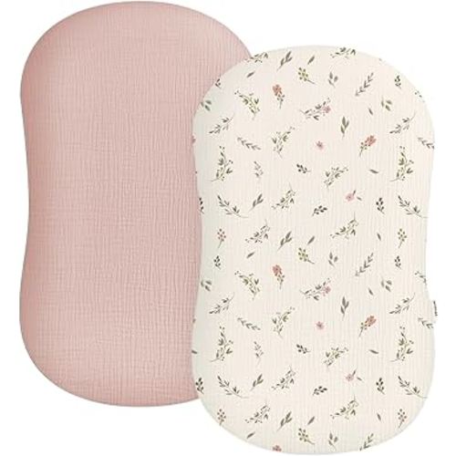 Muslin Baby Lounger Cover 2 Pack, Soft Breathable Newborn Lounger Pillow Cover for Boys Girls Infant (Flower F & Pink)