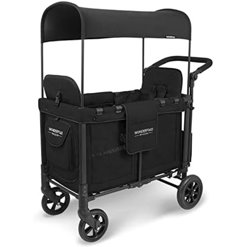 WONDERFOLD W2 Original + Stroller Wagon (2 Seater) - Collapsible Wagon Stroller with Seats with 5-Point Harnesses, Easy-Access Door, and Adjustable Sun Canopy, Black
