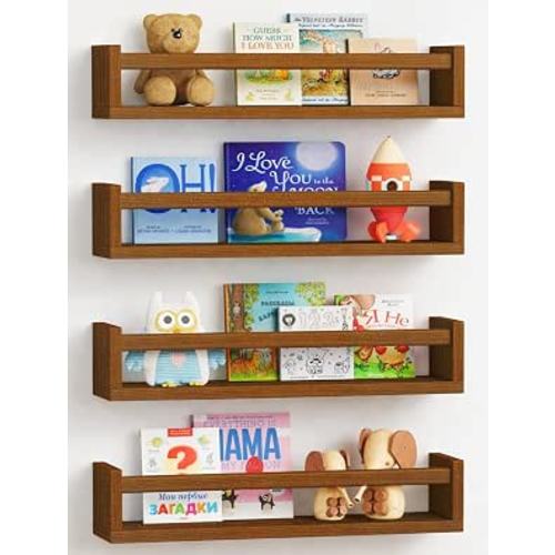 Forbena Dark Wood Nursery Kids Bookshelf Wall Mounted, Wooden Floating Nursery Book Shelves for Wall, Hanging Kids Bookshelves for Toddler Baby Room Bedroom Bathroom (Solid Pine, Walnut Brown, 4 Pack)