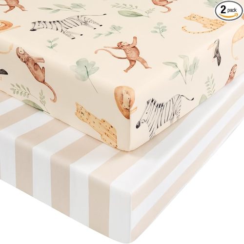 Baby Crib Sheets for Boys and Girls, Fitted Crib Sheets 52" x 28", Soft Breathable Microfiber Sheets for Standard Crib and Toddler Mattress, 2-Pack Striped Animals