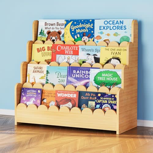 SpaceAid 4-Tier Scalloped Bookshelf, Montessori Bookcase for Toddlers, Wooden Book Shelf Organizer Display Furniture for Kids Rooms, Playroom, Nursery and Classroom, 29.6“ Wide, Natural