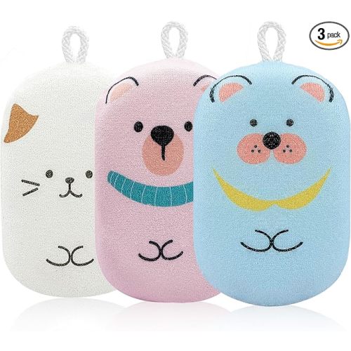 Baby and Kids Bath Loofah Sponge, Soft and Absorbent Toddler Exfoliating Body Scrubber Shower Loofa Sponge,Cute Pattern Design for Kids Baby Women Boys and Girl, 3 Pack (Bear/Dog/Cat)