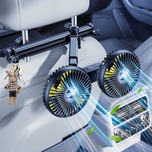 Dual Head Car Cooling Fans for Backseat kids with Long Arm, 2000mAh Battery Powered Rechargeable Car Back Seat Headrest Fan for Baby Dog Rear Facing 12V Car Accessories for Sedan Suv Rv Truck