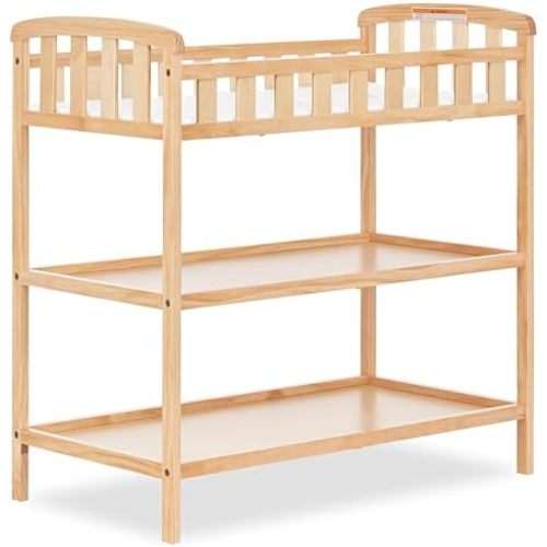 Dream On Me Emily Changing Table, Compact and Portable Solid New Zealand Pinewood, Safety Rails, Two Storage Shelves, Includes Water-Resistant 1" Changing Pad — Natural