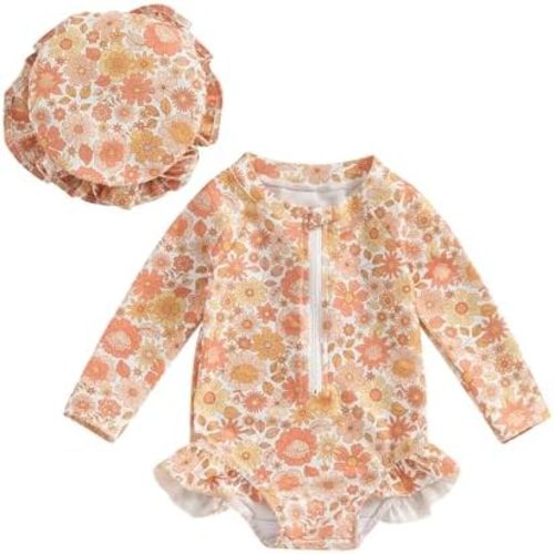 Baby Girl Rash Guard Swimsuit Floral One Piece Bathing Suit Infant Zipper Swimwear + Hat Sun Protection Beach Wear