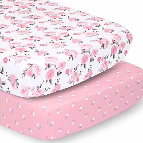 The Peanutshell 2-Pack Fitted Crib Sheet Set - Super Soft & Breathable Baby Girl Crib Sheets, Nursery Decor, Fit for Standard Mattress Cover- Pink Roses