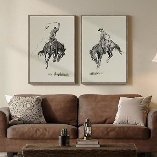 Large Framed Western Cowboy Wall Art Set, 2 Piece Vintage Farmhouse Canvas Prints Paintings, Black Wooden Frame Sketch Style Country Horse Picture Artwork Decor for Living Room Bedroom Hallways