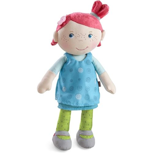HABA Snug Up Philine - 10" Soft Doll with Embroidered Face, Pink Pigtail and Removable Blue Dress - Machine Washable - Perfect First Doll and Stuffed Cuddle Companion for 18 Months and Up