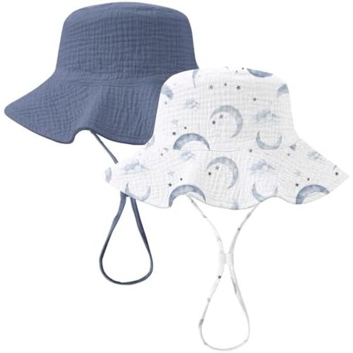 Konssy 2-Pack Muslin Baby Girl Sun Hats with Wide Brim, UPF 50+, 0-6& 6-12M