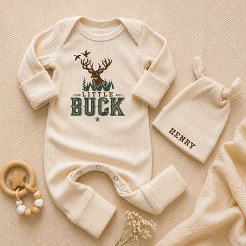 Personalized Little Buck Baby Bodysuit and Beanie Set, Deer Hunting Custom Name Newborn Outfit