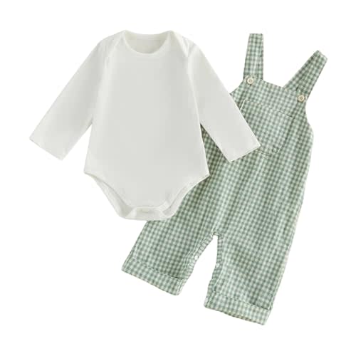 Newborn Baby Boy Fall Clothes Long Sleeve Romper Gingham Overalls Pants Set | Newborn Infant Baby Boy Fall Outfit Long Sleeve Romper Bodysuit Top Gingham Overalls Pants 2 Piece Fall Winter Clothes Set