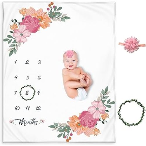 KEMINA Baby Girl Monthly Milestone Blanket – 50x40 Floral Fleece Blanket with Wreath, Headband & Chalkboard – Soft Photo Prop for Newborn Baby Pictures, Monthly Tracker