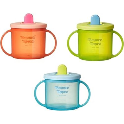 Tommee Tippee First Baby Sippy Cups with Spout and Lid, Ages 4 Months+, 6 oz, Free Flow Cup W/Durable Spout, Easy Grip Handles, Bright Multicolor, Pack of 3