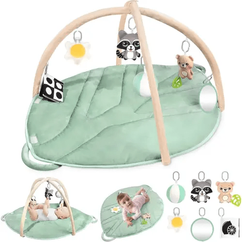 Baby Play Mat，Oversize Baby Tummy Time Mat for Sensory & Motor Skill Development Tree&Leaf Shaped Baby Activity Mat with 6 Detachable Sensory Toys Baby Play Gym Mat with Diaper Area (Sage Green)