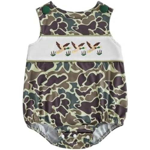 Suolongsama Baby Boy Summer Sleeveless Romper Mallard Duck Embroidery Camouflage/Plaid Bodysuit Newborn Hunting Clothes