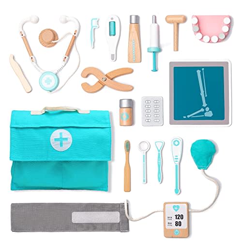 UMU Wooden Doctor Kit for Kids  18 pcs Doctor and Dentist Play Set for Toddlers with Stethoscope, Syringe, Tooth Model & More  Medical Pretend Play Toy for Boys and Girls Ages 3 4 5 6