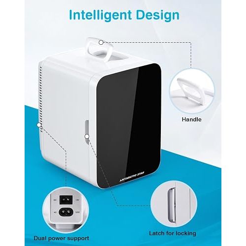Antarctic Star Compact Mini Fridge, 10L Portable Small Refrigerator, 2.6 Gal Desktop Fridge with AC/DC Adapters, Small Cosmetics Cooler for Beverage, Food, Makeup, Bedroom, Office, Dorm, White
