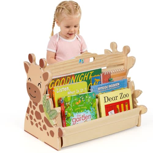 Kids Bookshelf, 4-Tier Wooden Baby Book Shelf with Handle for Kids Rooms | Front-Facing Montessori Toddler Bookcase, Easy Assemble, Double-Sided Spacious Nursery Bookshelf for Fostering Reading Habits