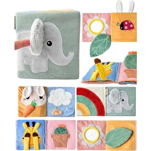 Cute Soft Baby Book with Mirror, Activities, Touch and Feel & Crinkle Pages - Interactive Sensory Cloth Toy for Babies 0-6, 6-12 & 12-18 Months - Adorable Animal Themes for Early Development