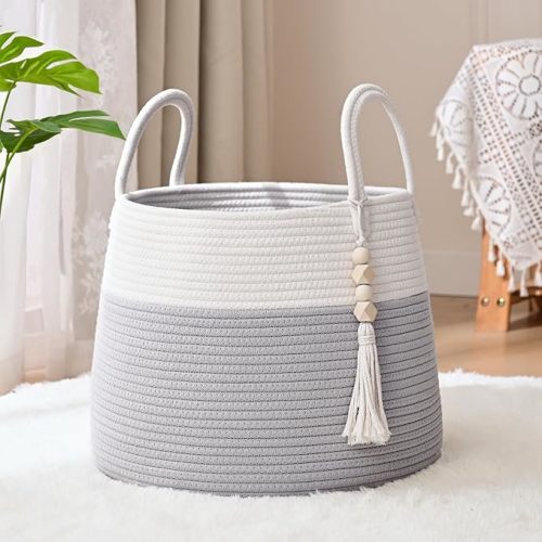 Large Nursery Hamper, 30L Blanket Basket with Handle, Baby Laundry Basket for Gift, Toy, Clothes, Woven Storage Basket with Wooden Bead Decor, Baby Hamper for Nursery (Grey)