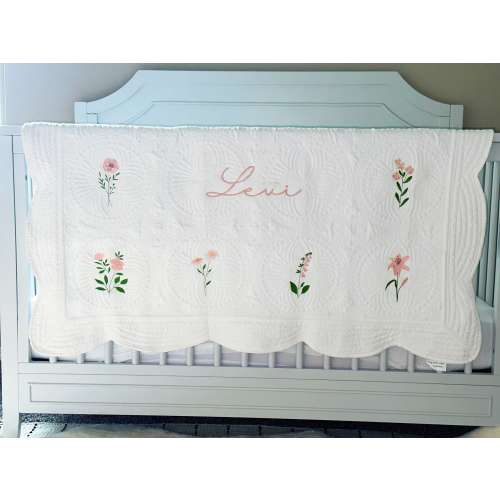Custom Embroidered Heirloom Baby Quilt for Nursery - Personalized Nursery Decor - Floral Vintage Keepsake - Girl Embroidery Blanket Gift