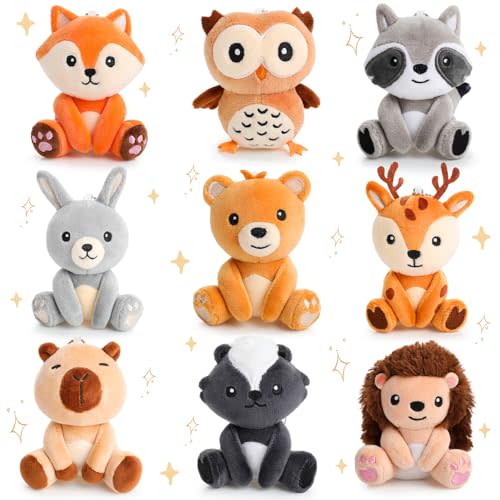 Aoriher 9 Pcs Small Forest Stuffed Animals Bulk 4 Inch Mini Woodland Plush Toys Deer Rabbit Owl Skunk Capybara Raccoon Hedgehog Brown Bear Fox for Kids Baby Shower Birthday Party Favors