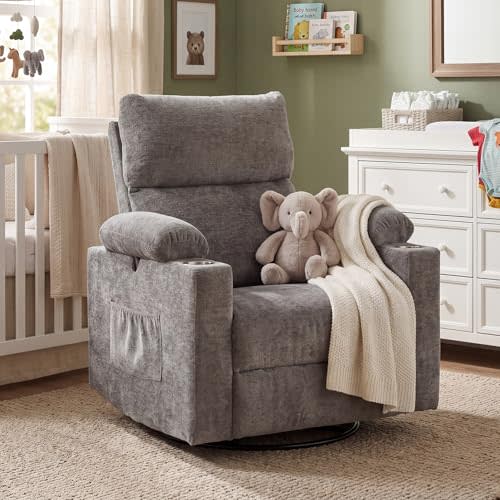 Glider Recliner Nursery Chair with Adjustable Armrests, Rocking Chair Nursery with Massage and Heat, Power Swivel Rocker Recliner with Adjustable Headrest, Chenille, Dark Grey