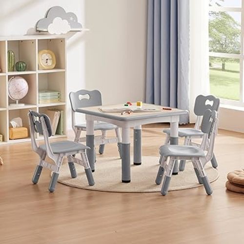 Kids Study Table and Chairs Set, Height Adjustable Toddler Table and Chair Set for Kids Ages 3-8, 23.6" L x 23.6" W Graffiti Desktop Plastic Children Art Table with 4 Seats, W-Grey