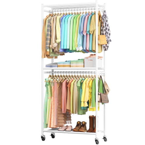 Sakugi Clothes Rack, Heavy-Duty Garment Rack with Shelves & Wheels, Freestanding Wardrobe Organizer with Hooks, Ideal for Bedroom, Laundry, or Balcony, 32.5" x 11.9" x 78.9", White