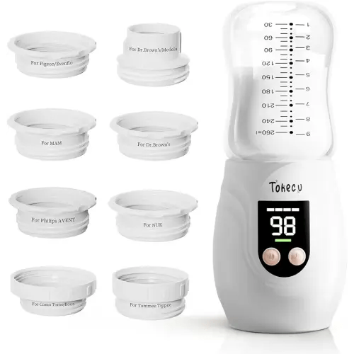 Portable Bottle Warmer for Travel with Glass Bottle, 8 Adapters, Baby Bottle Warmer for Breastmilk On The Go, Double Leak-Proof, Fast Heating, Multi-Level Temperature Control, Automatic Warm-Keeping