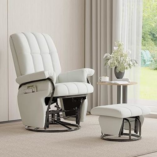 JIASTING 360° Swivel Leather Recliner Chair with Ottoman & Double Side Pockets, Nursing Glider Rocking Recliner Chair, Gliding Chairs for Nursery, Living Room, Office, Bedroom, Metal Frame (White)