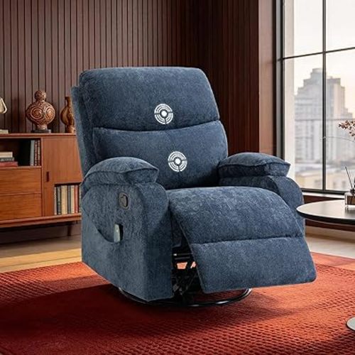 360° Swivel Rocking Recliner Chair, Massage Lazy Boy Recliner, Small Spaces Recliner for Living Room, Bedroom and Nursery, Navy Blue Chenille