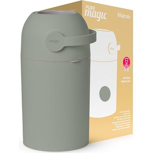 Pure Magic Diaper Pail Majestic, Patented Odor-Stop System, Use Any Garbage Bag, One Hand Free Lever, A Roll of Bag incld. (Lichen)