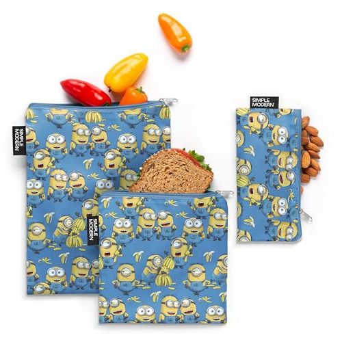 Simple Modern Minions Despicable Me Reusable Snack Bags for Kids, Girls, Boys | Food Safe, BPA & Phthalate Free Zip Polyester Pouch | Washable Sandwich Bag | Ellie Collection | 3 pack | Minions Unite