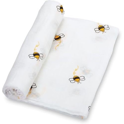 LollyBanks Baby Blanket, 100% Cotton Muslin Swaddle Blankets for Boys and Girls, Large 47 x 47 Inches Newborn Blanket, Soft and Breathable Baby Swaddle, Newborn Essentials, Registry (Bee Print)