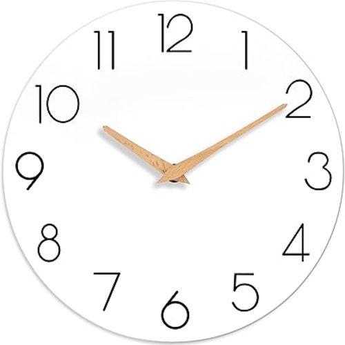 Wall Clock, 10 Inch Wooden Silent Non-Ticking, Decorative Battery Operated Wall Clocks for Bedroom, Kitchen, Home, Living Room, Office, School, Hotel (White)