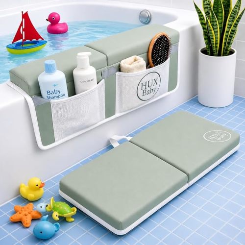 Baby Bath Kneeler and Elbow Rest Pad Set, Thick Kneeling Pad for bathtime, Comfortable Baby Bath Support Cushion, Essential Bathtub Accessories for Kids, Bain Pour Bebe, (Green Gray)